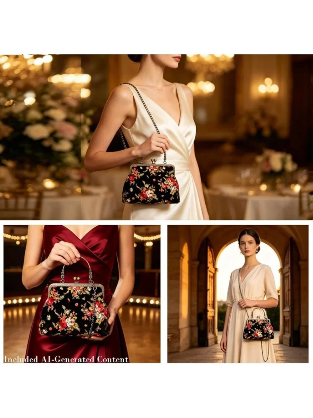 Vintage Floral Top-Handle Handbag, Kiss Lock Evening Bag for Women, Chic Purse
